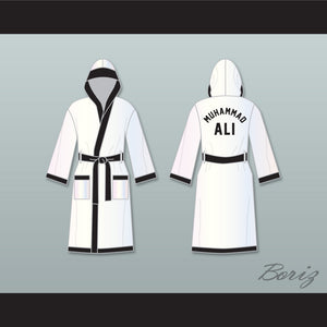 Muhammad Ali White and Black Satin Full Boxing Robe with Hood