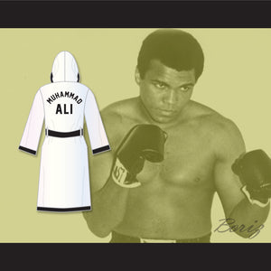 Muhammad Ali White and Black Satin Full Boxing Robe with Hood