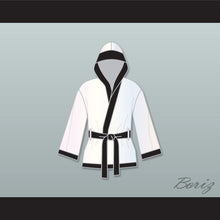Load image into Gallery viewer, Muhammad Ali White and Black Satin Half Boxing Robe with Hood