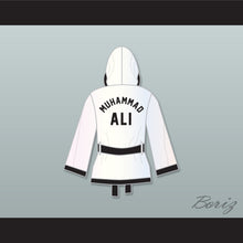 Load image into Gallery viewer, Muhammad Ali White and Black Satin Half Boxing Robe with Hood
