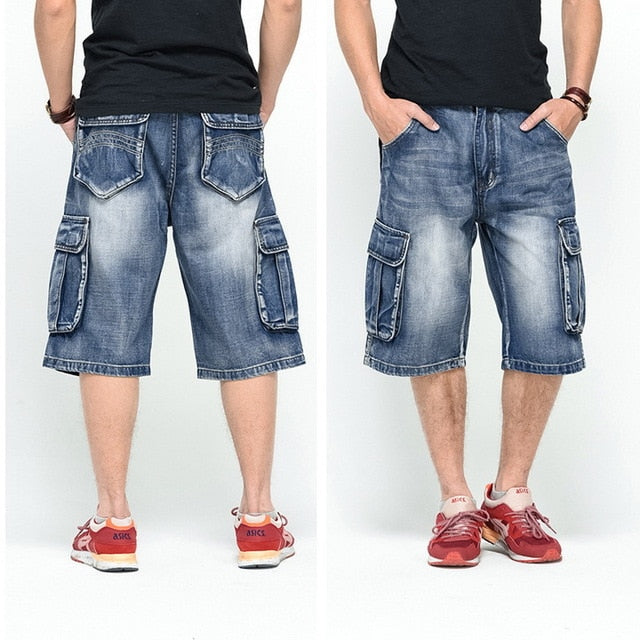 NEW 2021 Men Loose Jeans HIP HOP Skateboard short Jeans Men's Fashion trousers Size 30-46 Big pockets