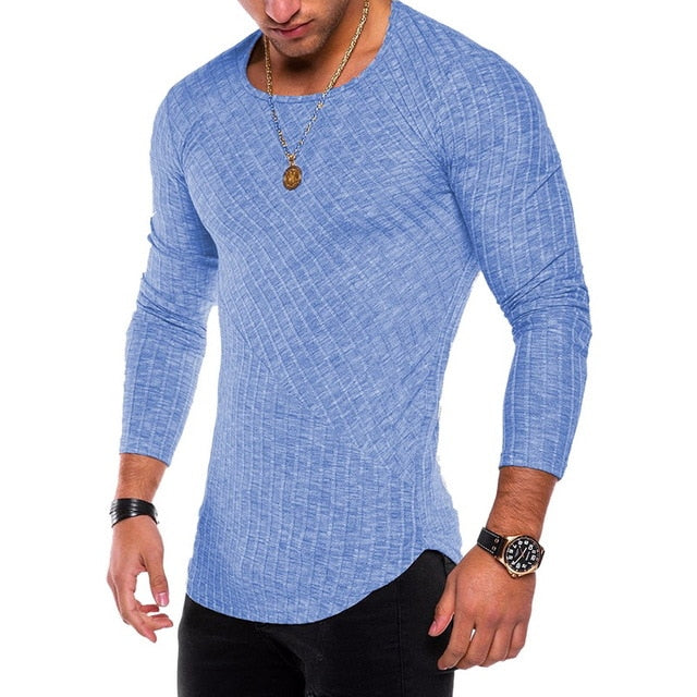 NIBESSER Spring Men T-shirts Plus Size 3XL Long Sleeve Striped T Shirt Casual O-Neck Solid Tshirt Elastic Fitness Hip Hop Tops