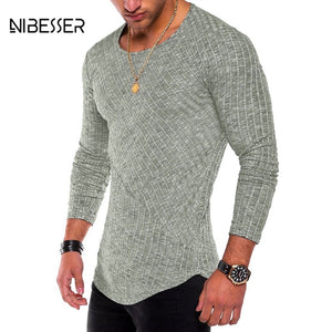 NIBESSER Spring Men T-shirts Plus Size 3XL Long Sleeve Striped T Shirt Casual O-Neck Solid Tshirt Elastic Fitness Hip Hop Tops