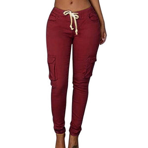 NIBESSER Spring Women Pencil Pant Lace Up Waist Casual Women Pants Solid Multi-Pockets Plus Size Cargo Pants Slim Fit Trousers