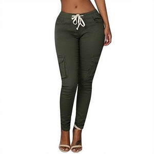 NIBESSER Spring Women Pencil Pant Lace Up Waist Casual Women Pants Solid Multi-Pockets Plus Size Cargo Pants Slim Fit Trousers