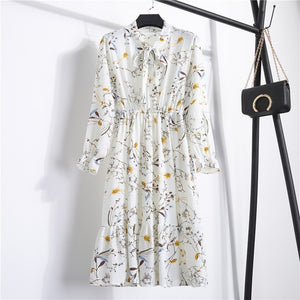 NIJIUDING Spring Summer Autumn Chiffon Print Dress Casual Cute Women floral Long Bowknot Dresses Long Sleeve Vestido S-XL Size