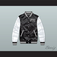 Load image into Gallery viewer, NYC Manhattan Black/ White Varsity Letterman Satin Bomber Jacket