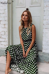 Nadafair Maxi Polka Dot Dress Women Boho Summer Beach Party Chiffon Dress Elastic Waist Dot Casual Long Elegant Dress Vestidos