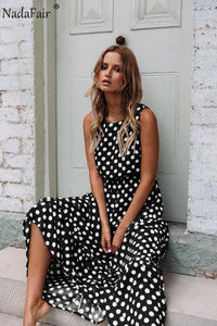 Nadafair Maxi Polka Dot Dress Women Boho Summer Beach Party Chiffon Dress Elastic Waist Dot Casual Long Elegant Dress Vestidos