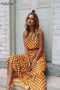 Nadafair Maxi Polka Dot Dress Women Boho Summer Beach Party Chiffon Dress Elastic Waist Dot Casual Long Elegant Dress Vestidos