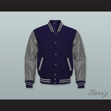 Load image into Gallery viewer, Navy Blue Wool and Gray Lab Leather Varsity Letterman Jacket