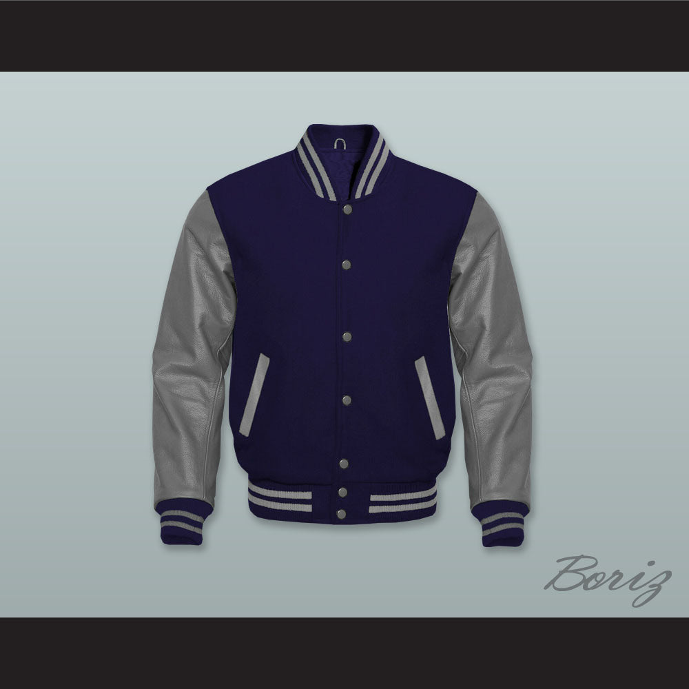Navy Blue Wool and Gray Lab Leather Varsity Letterman Jacket