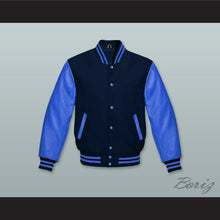 Load image into Gallery viewer, Navy Blue Wool and Ocean Blue Lab Leather Varsity Letterman Jacket