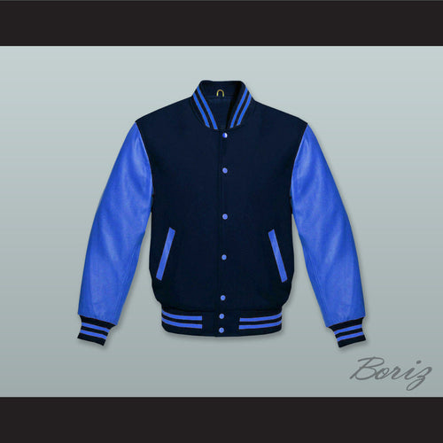 Navy Blue Wool and Ocean Blue Lab Leather Varsity Letterman Jacket