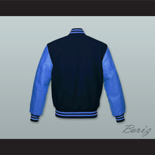Load image into Gallery viewer, Navy Blue Wool and Ocean Blue Lab Leather Varsity Letterman Jacket