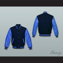 Load image into Gallery viewer, Navy Blue Wool and Ocean Blue Lab Leather Varsity Letterman Jacket