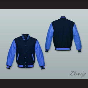 Navy Blue Wool and Ocean Blue Lab Leather Varsity Letterman Jacket