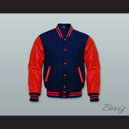 Navy Blue Wool and Red Lab Leather Varsity Letterman Jacket 1