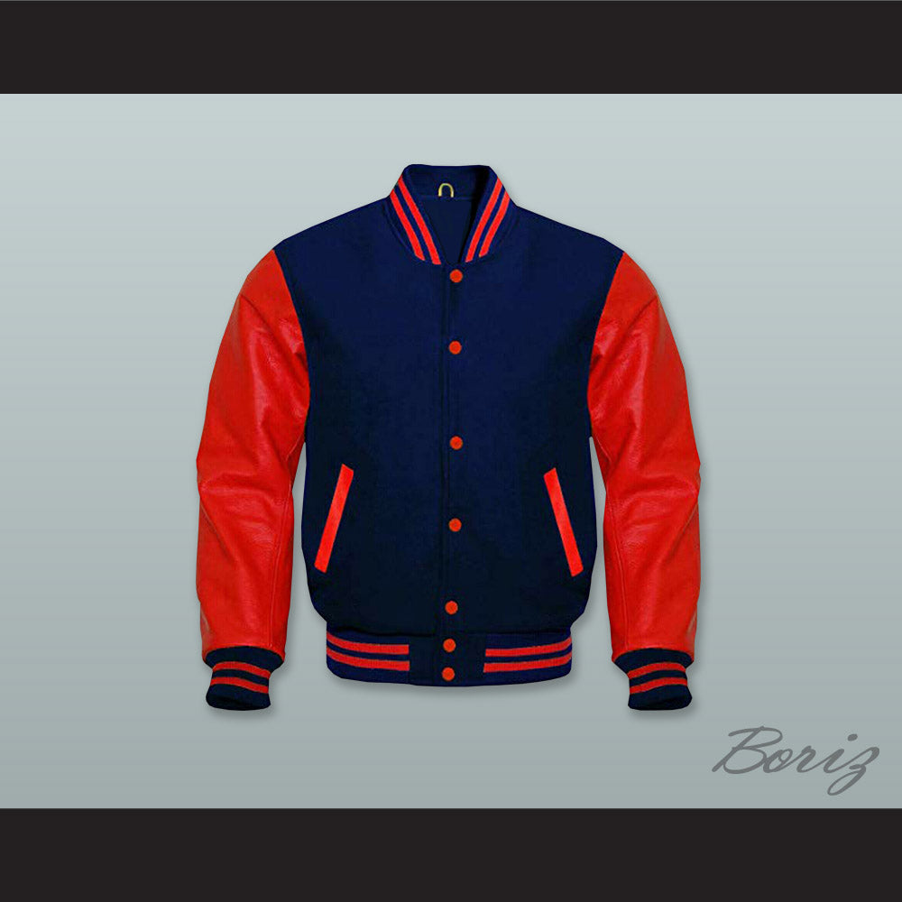 Navy Blue Wool and Red Lab Leather Varsity Letterman Jacket 1