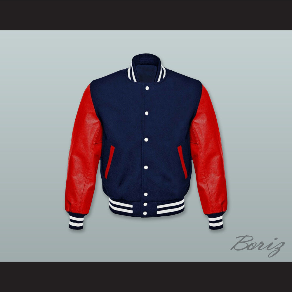 Navy Blue Wool and Red Lab Leather Varsity Letterman Jacket 2
