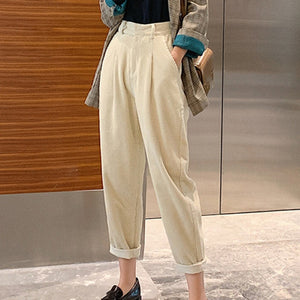 New 2019 Autumn Winter Women Pant Corduroy Loose High Waist Korean Minimalist Style Casual Ankle-Length Pants