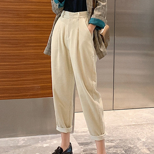New 2019 Autumn Winter Women Pant Corduroy Loose High Waist Korean Minimalist Style Casual Ankle-Length Pants