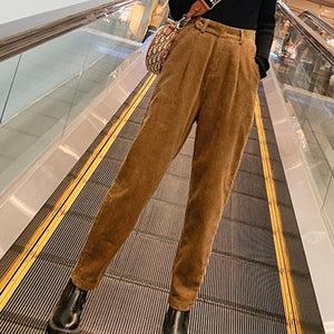 New 2019 Autumn Winter Women Pant Corduroy Loose High Waist Korean Minimalist Style Casual Ankle-Length Pants
