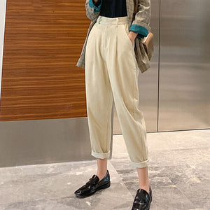 New 2019 Autumn Winter Women Pant Corduroy Loose High Waist Korean Minimalist Style Casual Ankle-Length Pants