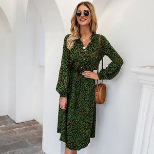 New Arrival Midi Womens Leopard Dress Long Sleeve Fashion A Line V Neck High Waist Boho Summer Dresses Casual Bohemian Vestidos