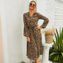 Load image into Gallery viewer, New Arrival Midi Womens Leopard Dress Long Sleeve Fashion A Line V Neck High Waist Boho Summer Dresses Casual Bohemian Vestidos