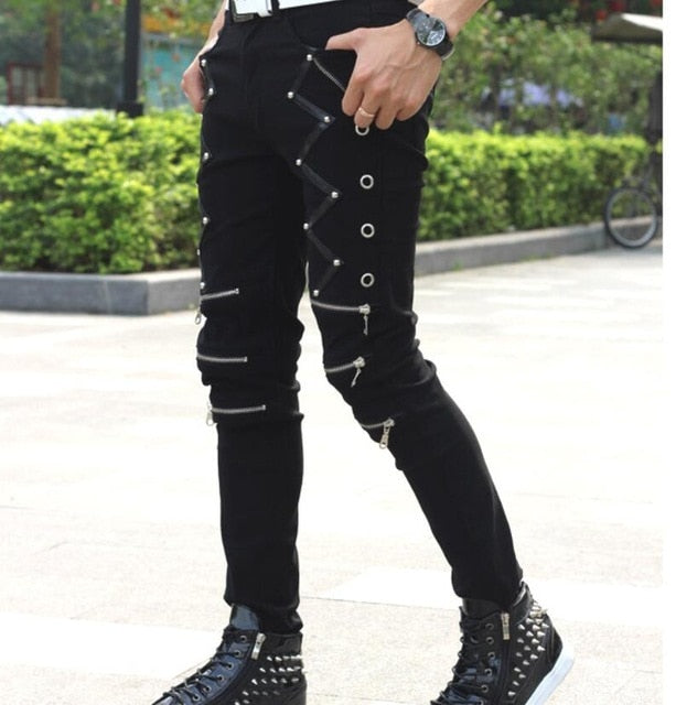 New Arrival Spring Fashion Mens Punk Skinny Pants For Man Cool Cotton Casual Pants Zipper Slim Fit Black Goth Trousers