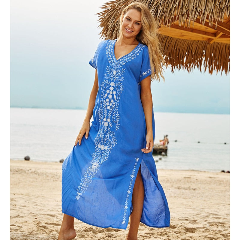 New Cotton Beach Dress saida de praia robe de plage Embroidery Beach Cover Up Sarong Beach Pareo Tunic for Beach Swimwear