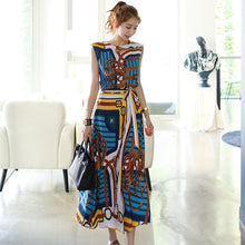 Load image into Gallery viewer, New Fashion 2019 Designer 2 Piece Set Women's Sleeveless Vintage Printed Chiffon Dovetail Shirt Top+Lace-up Long Skirts 2Pcs Set