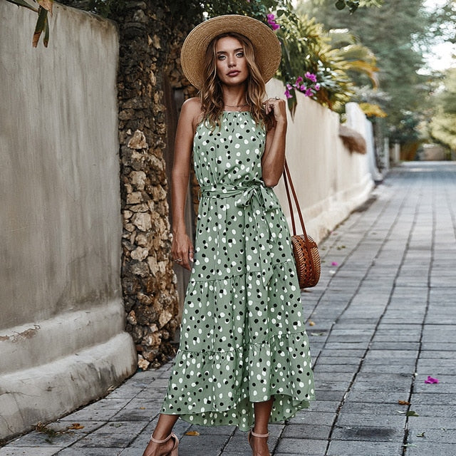 New Fashion Ladies Boho Dress A-Line O-Neck Sleeveless Bow Sashes Maxi Dess Women Foral Printed Summer Dress Vestidos De Verano