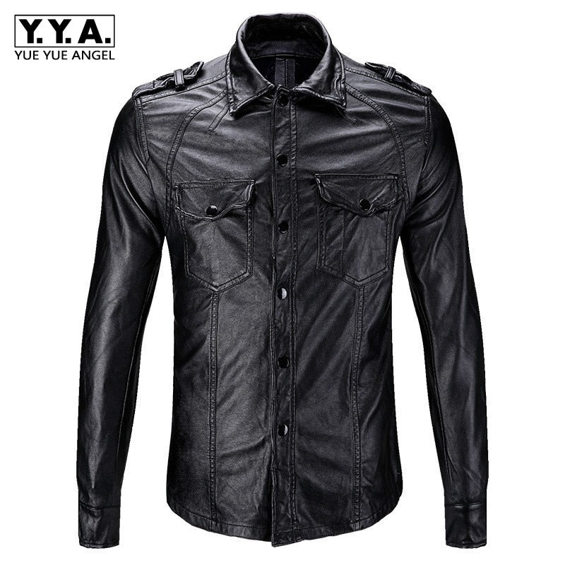 New Slim Fit Men Motorcycle Biker Leather Shirts Coats Male Black  Fashion Pockets PU Shirts Tops Autumn Casual Men Clothes