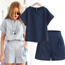 Load image into Gallery viewer, New Summer Style Casual Cotton Linen Women Tops Shirt Feminine Pure Color Female Office Suit Set Women's Costumes Hot Short Sets