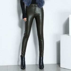 New Women Sexy High Quality Pu Leather Skinny Pants Biker Fleece Lining High Waist Office Lady Long Leather Pencil Pants