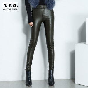 New Women Sexy High Quality Pu Leather Skinny Pants Biker Fleece Lining High Waist Office Lady Long Leather Pencil Pants