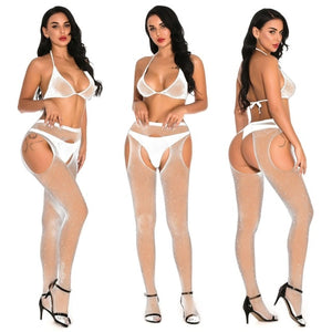 New Women Stocking Solid Thin Mesh Sheer Hollow Out Hot Drilling Netpants Sexy Diamond Strap Female Stocking Underwear