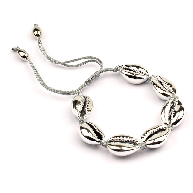 New arrival alloy and natural Cowries shell ladies bracelet full woven hand-adjustable gold copper end bead bracelet jewelry