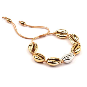 New arrival alloy and natural Cowries shell ladies bracelet full woven hand-adjustable gold copper end bead bracelet jewelry