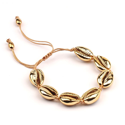 New arrival alloy and natural Cowries shell ladies bracelet full woven hand-adjustable gold copper end bead bracelet jewelry