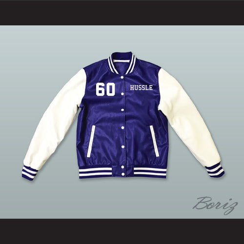 Nipsey Hussle 60 Crenshaw Blue and White Lab Leather Varsity Letterman Jacket