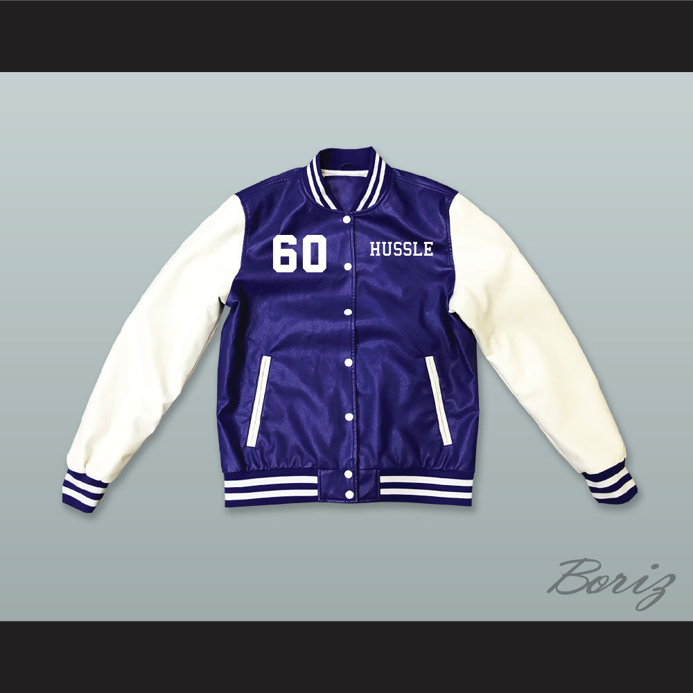 Nipsey Hussle 60 Crenshaw Blue and White Lab Leather Varsity Letterman Jacket