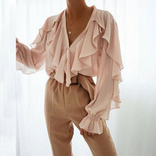 Load image into Gallery viewer, OL Ladies V Neck Chiffon Ruffle Blouse  Pure Long Sleeve Blouse Casual  Ladies elegant shirts