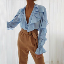Load image into Gallery viewer, OL Ladies V Neck Chiffon Ruffle Blouse  Pure Long Sleeve Blouse Casual  Ladies elegant shirts