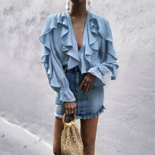 Load image into Gallery viewer, OL Ladies V Neck Chiffon Ruffle Blouse  Pure Long Sleeve Blouse Casual  Ladies elegant shirts