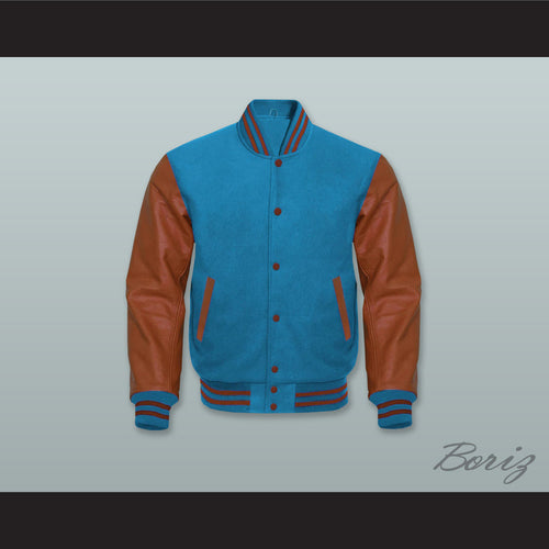 Ocean Blue Wool and Brown Lab Leather Varsity Letterman Jacket