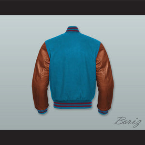 Ocean Blue Wool and Brown Lab Leather Varsity Letterman Jacket