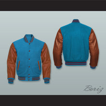 Load image into Gallery viewer, Ocean Blue Wool and Brown Lab Leather Varsity Letterman Jacket
